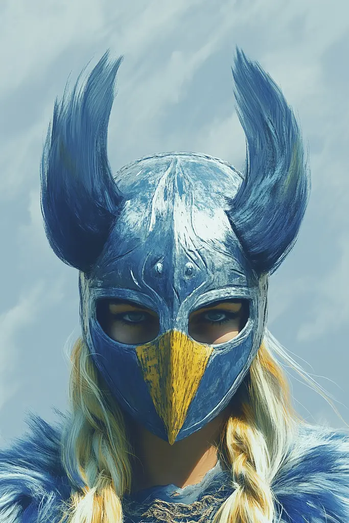 Midjourney generated image using SREF code Dreamlike Cascade: A woman wearing a viking helmet with horns on her head.