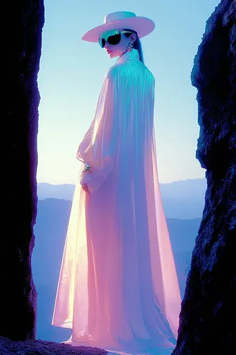 Midjourney generated image using SREF code Synthwave Surrealism: A woman in a white dress and hat standing in a cave.