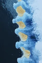 Midjourney generated image using SREF code Dreamlike Cascade: A painting of a blue and yellow spine on a black background.