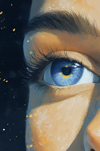 Midjourney generated image using SREF code Dreamlike Cascade: A close up of a woman's blue eye with gold glitter on it.