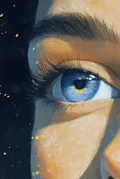 Midjourney generated image using SREF code Dreamlike Cascade: A close up of a woman's blue eye with gold glitter on it.