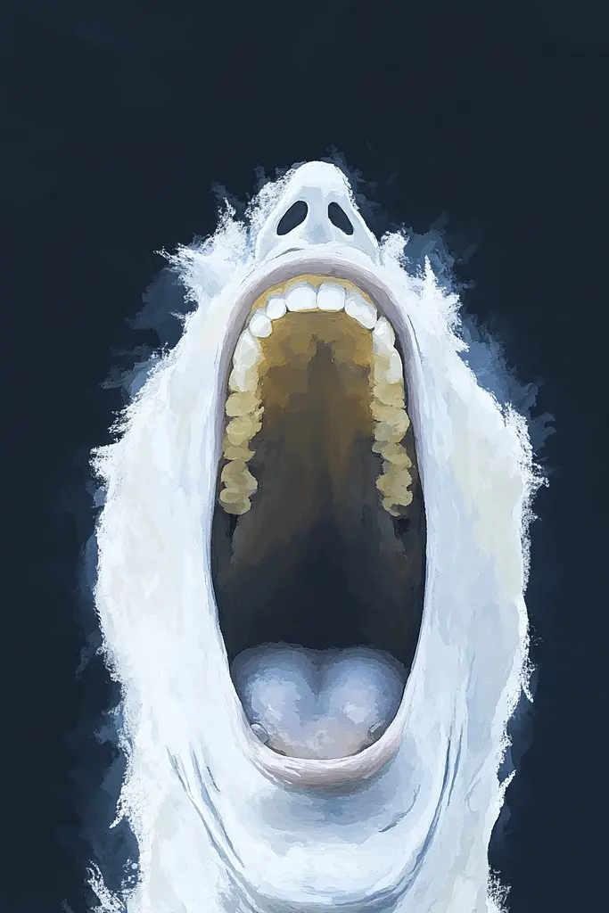 Midjourney generated image using SREF code Dreamlike Cascade: A painting of a white bear with its mouth open.