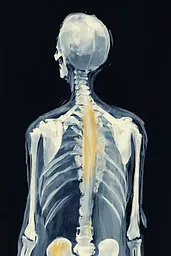 Midjourney generated image using SREF code Dreamlike Cascade: A painting of a human skeleton with a yellow spine.