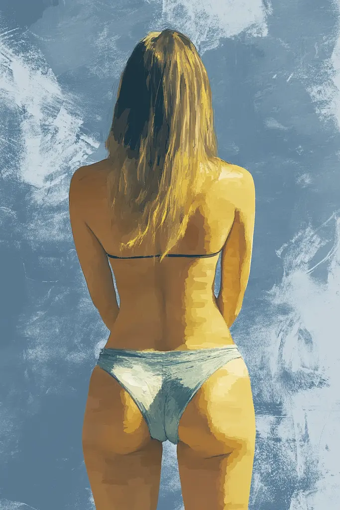 Midjourney generated image using SREF code Dreamlike Cascade: A painting of a woman in a bikini standing in front of a blue background.