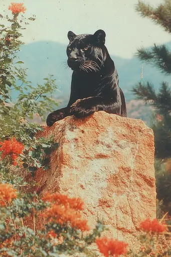 Midjourney generated image using SREF code Retro Vibes: A black panther sitting on top of a large rock.