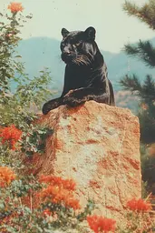 Midjourney generated image using SREF code Retro Vibes: A black panther sitting on top of a large rock.