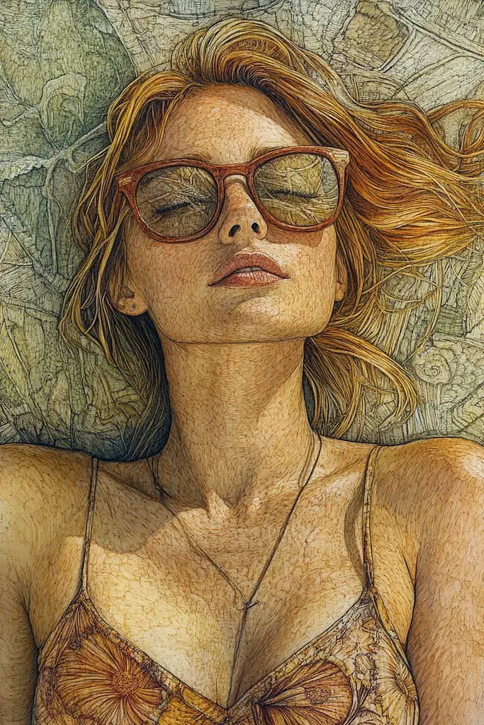 Midjourney generated image using SREF code Grit and Glow: A drawing of a woman wearing sunglasses laying down.