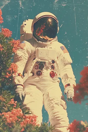 Midjourney generated image using SREF code Retro Vibes: A man in an astronaut suit standing in front of flowers.