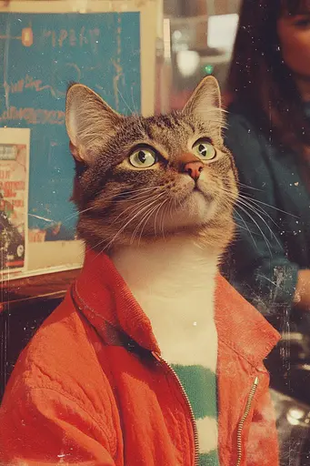 Midjourney generated image using SREF code Retro Vibes: A cat wearing a red jacket looking up at the camera.