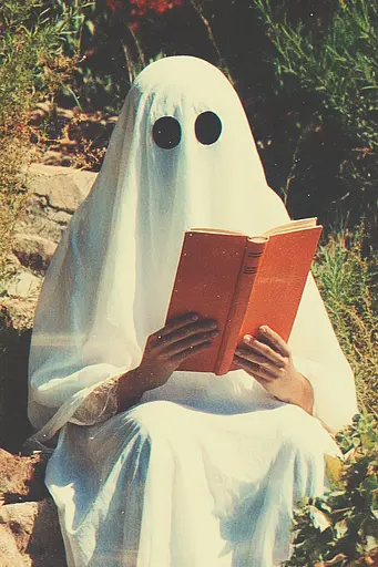 Midjourney generated image using SREF code Retro Vibes: A person in a ghost costume reading a book.