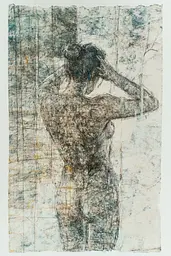 Midjourney generated image using SREF code Solitary Tapestry: A drawing of a nude woman standing in front of a window.