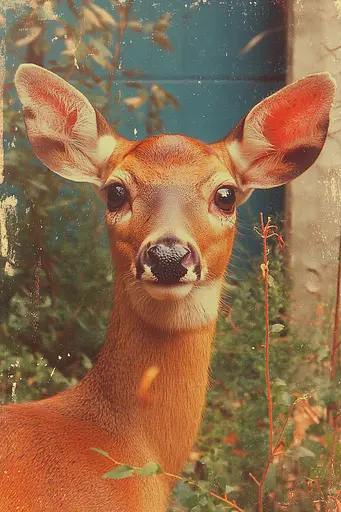 Midjourney generated image using SREF code Retro Vibes: A close up of a deer looking at the camera.