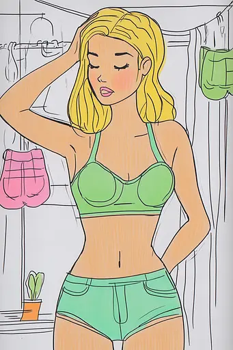 Midjourney generated image using SREF code Urban Blossom: A drawing of a woman in a green bra and panties.