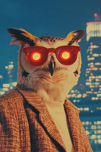 Midjourney generated image using SREF code Retro Vibes: an owl wearing red glasses standing in front of a city skyline