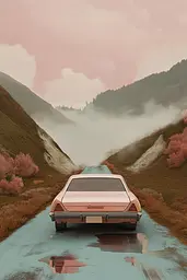 Midjourney generated image using SREF code Liminal Bloom: A pink car driving down a road in the middle of a mountain.