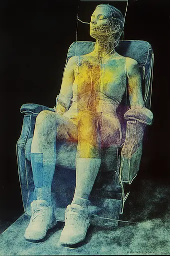 Midjourney generated image using SREF code Ethereal Luminescence: A picture of a woman sitting in a chair.