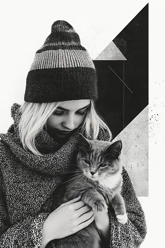 Midjourney generated image using SREF code Monochrome Fusion: A woman holding a cat in her arms.