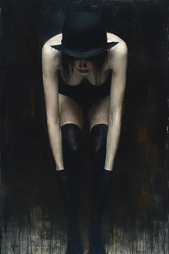 Midjourney generated image using SREF code Gothic Abyss: A painting of a woman in a black hat and boots.