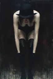 Midjourney generated image using SREF code Gothic Abyss: A painting of a woman in a black hat and boots.