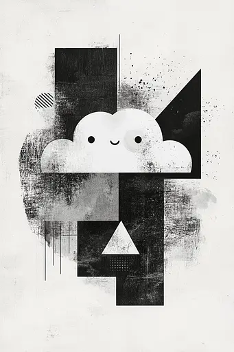 Midjourney generated image using SREF code Monochrome Fusion: A black and white illustration of a cloud with a smiley face.