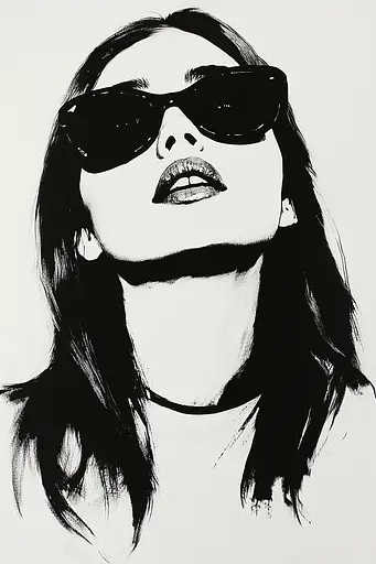 Midjourney generated image using SREF code Ebon Pathways: A black and white drawing of a woman wearing sunglasses.