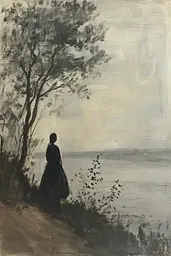 Midjourney generated image using SREF code Serpent's Gaze: A painting of a woman walking down a path by the water.