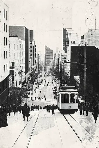 Midjourney generated image using SREF code Monochrome Fusion: A black and white photo of a city street with a tram.