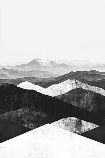 Midjourney generated image using SREF code Monochrome Fusion: A black and white photo of a mountain range.