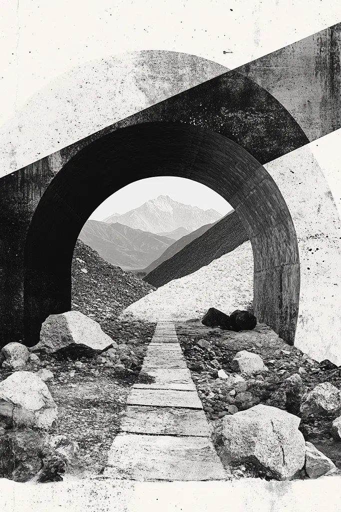 Midjourney generated image using SREF code Monochrome Fusion: A black and white photo of a tunnel with rocks and mountains in the background.