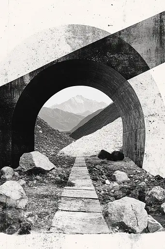 Midjourney generated image using SREF code Monochrome Fusion: A black and white photo of a tunnel with rocks and mountains in the background.