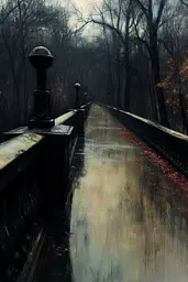 Midjourney generated image using SREF code Gothic Abyss: A painting of a bridge in the middle of a park.