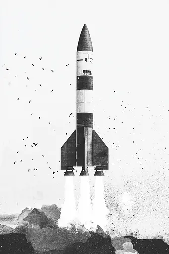 Midjourney generated image using SREF code Monochrome Fusion: A black and white illustration of a rocket launching into the sky.