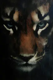 Midjourney generated image using SREF code Gothic Abyss: A painting of a tiger's face with blue eyes.