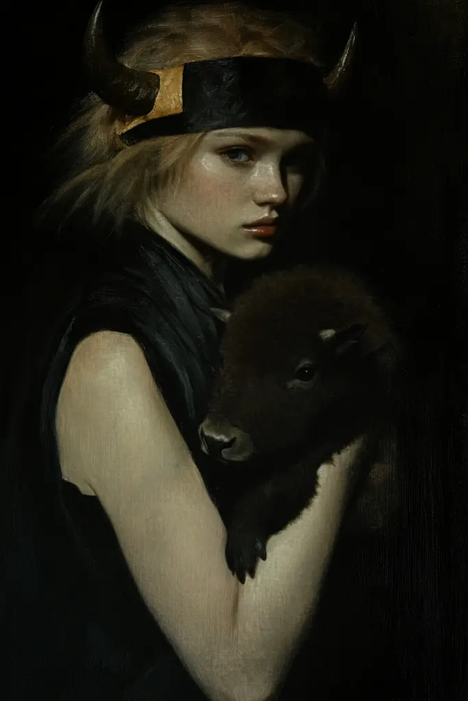 Midjourney generated image using SREF code Gothic Abyss: A painting of a woman holding a baby bison.