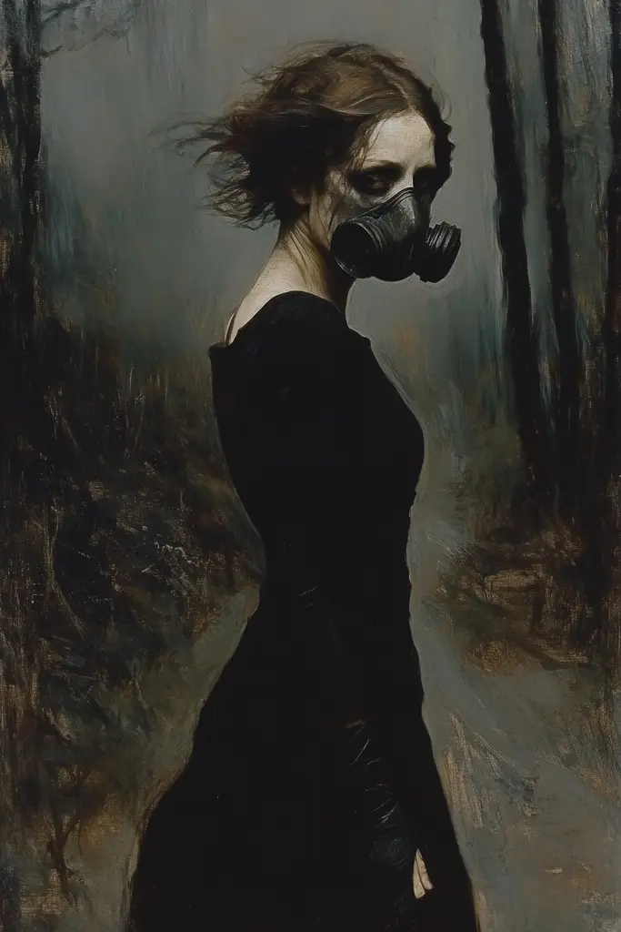 Midjourney generated image using SREF code Gothic Abyss: A painting of a woman wearing a gas mask.