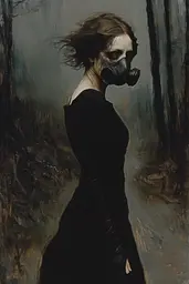 Midjourney generated image using SREF code Gothic Abyss: A painting of a woman wearing a gas mask.