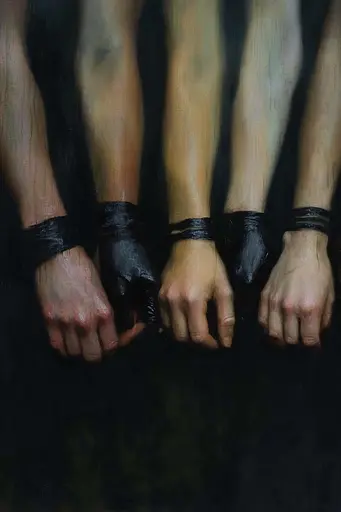 Midjourney generated image using SREF code Gothic Abyss: A painting of four hands tied up in black leather.