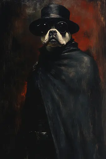 Midjourney generated image using SREF code Gothic Abyss: A painting of a dog wearing a top hat and sunglasses.