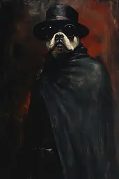 Midjourney generated image using SREF code Gothic Abyss: A painting of a dog wearing a top hat and sunglasses.