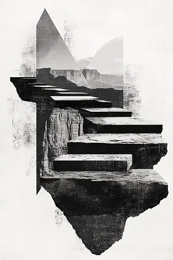 Midjourney generated image using SREF code Monochrome Fusion: A black and white photo of a stairway leading up to a pyramid.