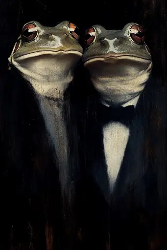 Midjourney generated image using SREF code Gothic Abyss: A painting of two frogs wearing tuxedos and bow ties.