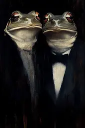 Midjourney generated image using SREF code Gothic Abyss: A painting of two frogs wearing tuxedos and bow ties.