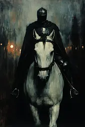 Midjourney generated image using SREF code Gothic Abyss: A painting of a knight riding a white horse.