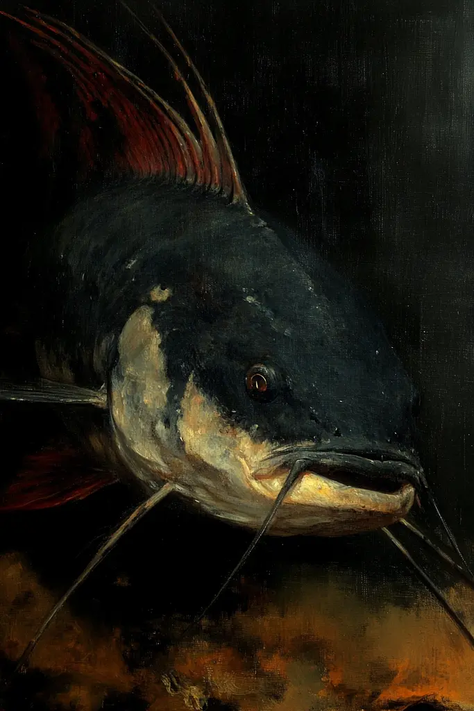 Midjourney generated image using SREF code Gothic Abyss: A painting of a catfish on a black background.