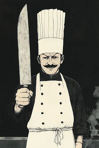 Midjourney generated image using SREF code Ethereal Frontier: A drawing of a chef holding a large knife.