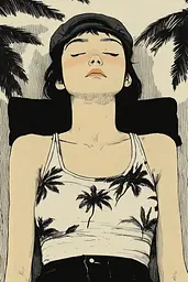 Midjourney generated image using SREF code Ethereal Frontier: A drawing of a woman with her eyes closed in front of palm trees.