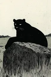 Midjourney generated image using SREF code Ethereal Frontier: A black panther sitting on top of a rock in a field.