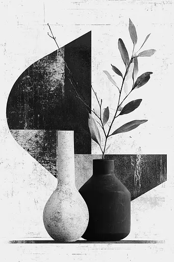 Midjourney generated image using SREF code Monochrome Fusion: A black and white photo of two vases with a plant in them.