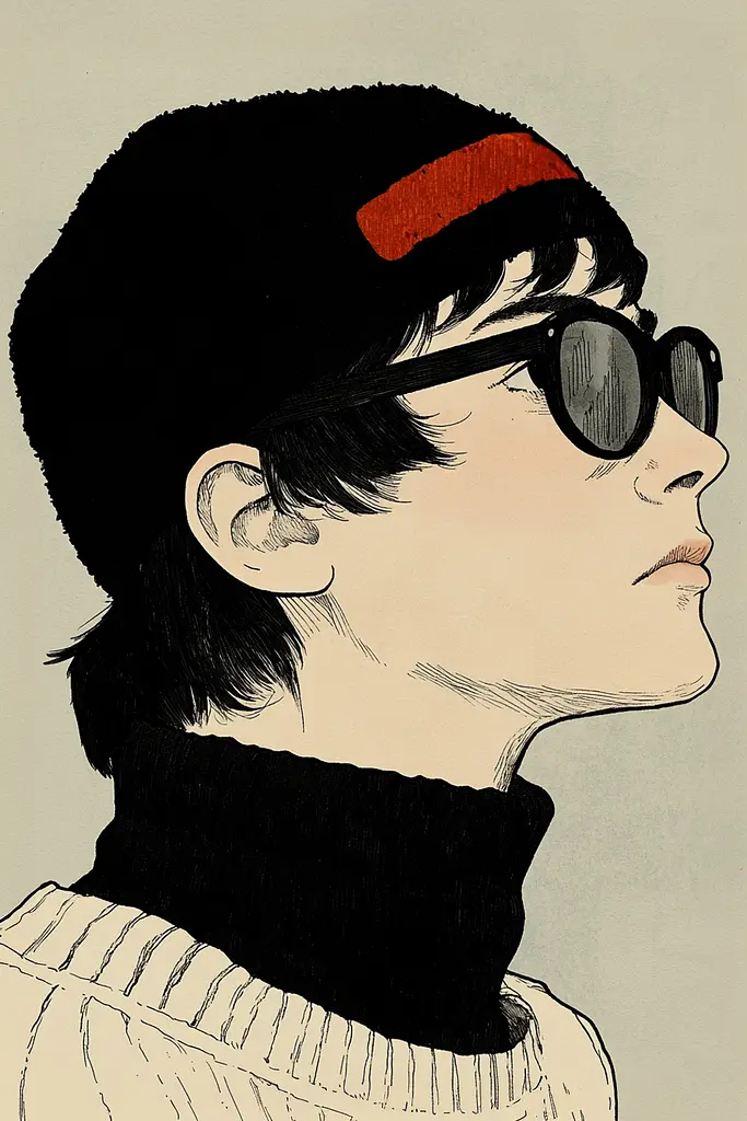 Midjourney generated image using SREF code Ethereal Frontier: A drawing of a young man wearing sunglasses and a hat.