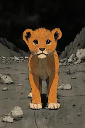 Midjourney generated image using SREF code Ethereal Frontier: A small lion cub standing in the middle of a dirt road.